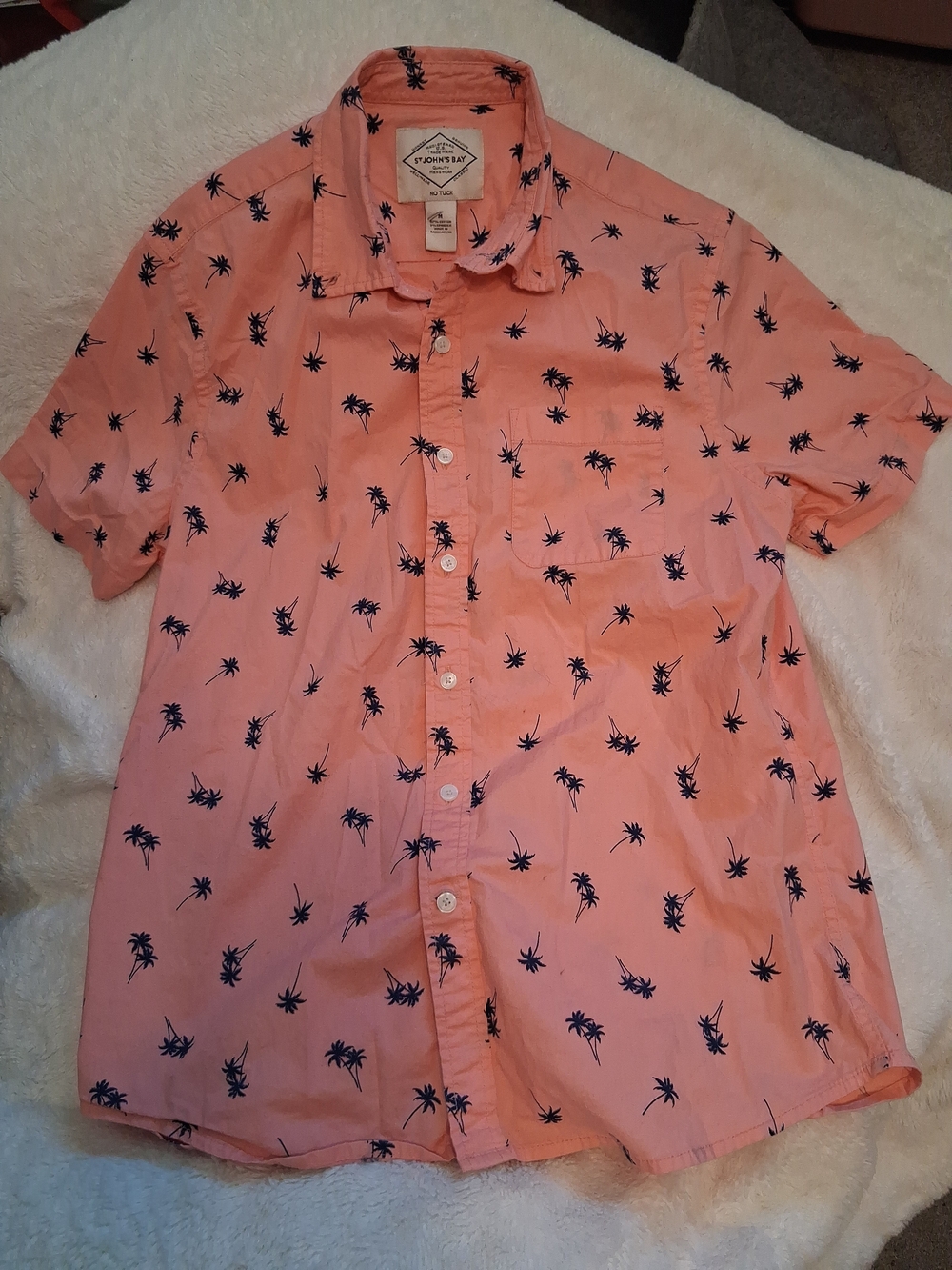 St. John's Bay Coral Short-Sleeve Button-Up with Navy Palm Print